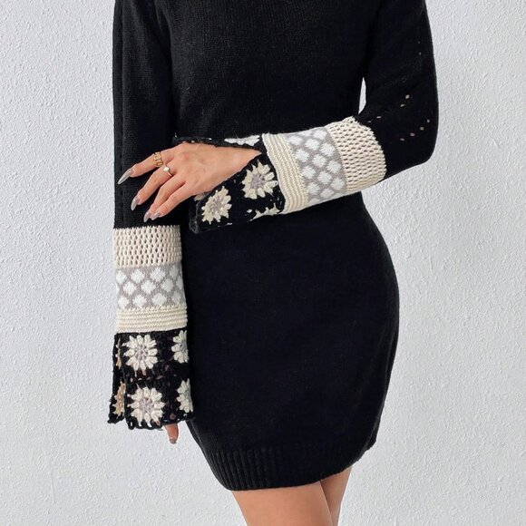 Black Preppy Womens Floral Crochet Turtle Neck Trumpet Sleeve Sweater Dress - Picture 5 of 5